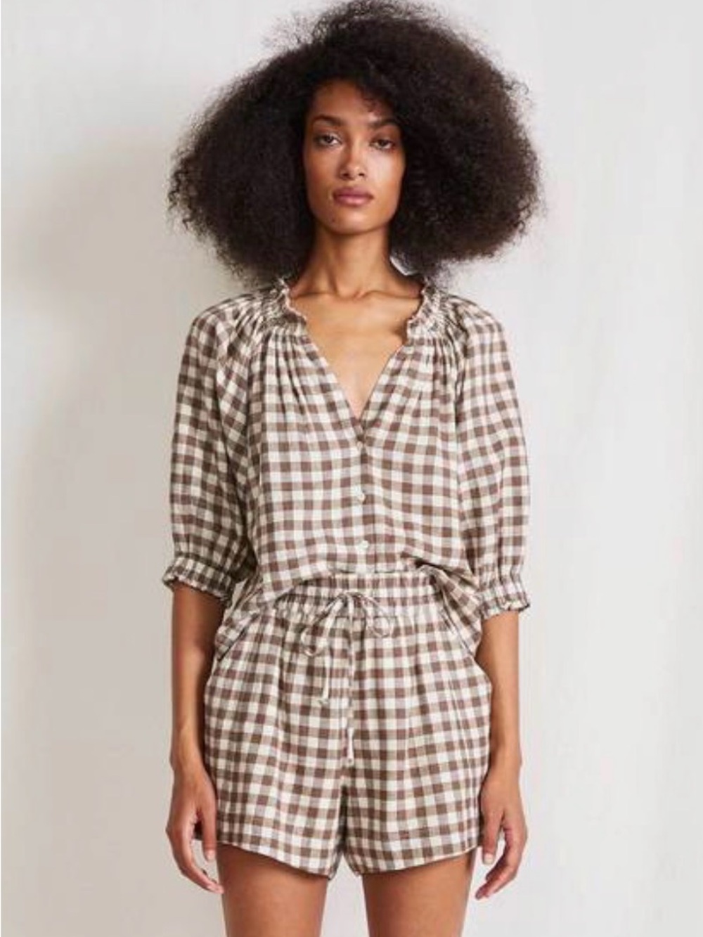 Apiece Apart Brown and Cream Gingham Button-Front Top